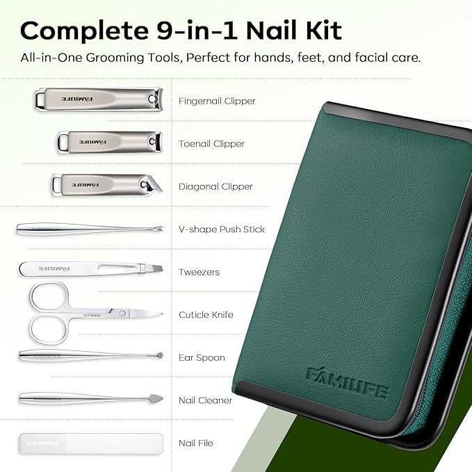 FAMILIFE Manicure Kit for Women, 9 Pcs Compact Carbon Steel Nail Grooming Kit with Case, Portable Green Travel Manicure Set for Home (Green)