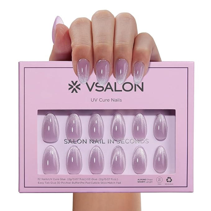 VSALON Press On Nails Short Almond, Light Purple Cat Eye French Tip Fake Nails, Semi-transparent Reusable Stick On False Nails, 32 Pcs in 16 Sizes with UV Glue Nails Kit, Valentines Gift for Women