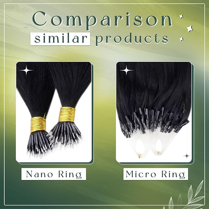 RUNATURE Nano Bead Hair Extensions Human Hair 22 Inch Nano Ring Hair Extensions Black Breathable Nano Hair Extension Human Hair Full Ends for Women 50g 50s