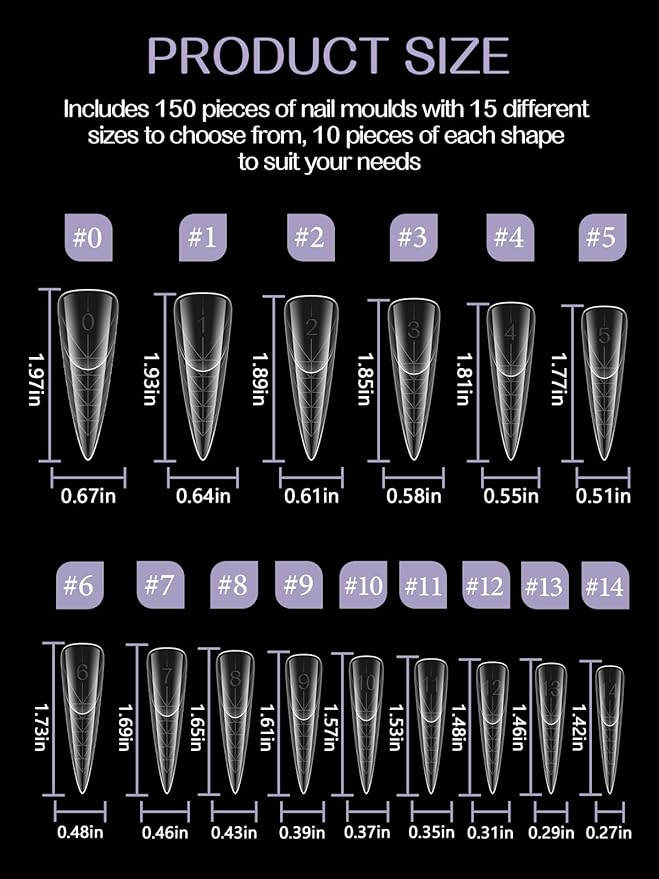 TOROKOM 150Pcs Poly Extension Gel Dual Nail Forms Clear Nail Forms Full Stiletto Nail Molds 15 Sizes for Gel Manicure Nail Art Design Salon&DIY