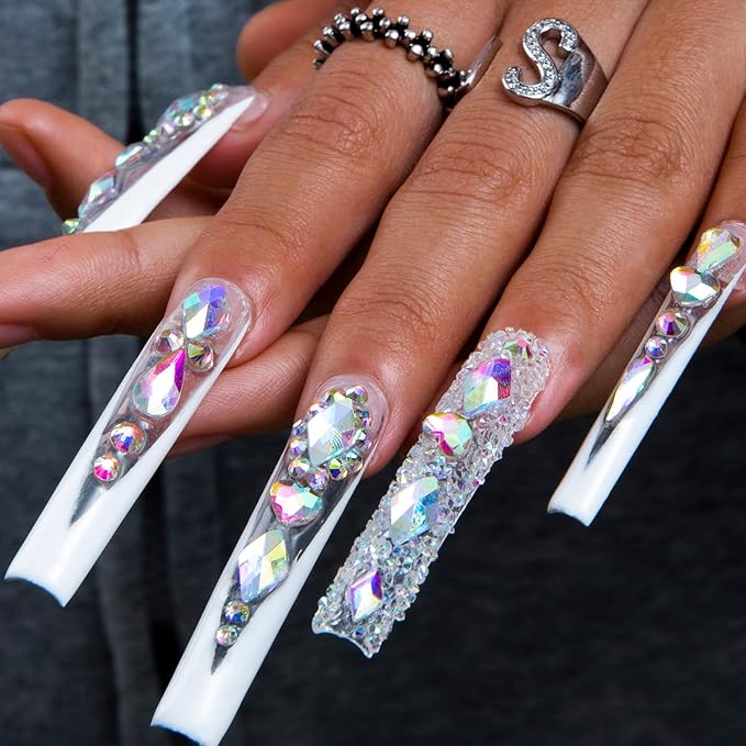 LOVFUL Press on Nails Candy Diamonds & White French Tip | Luxury Spring French Tip Glossy Press On Nails with Bling | Square Long 2.2 in | H36 (L)