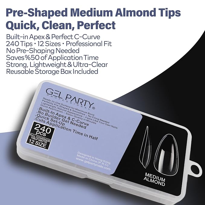 GELPARTY Soft Gel Nail Tips Medium Almond - 240Pcs Pre-Buffed Matte Full Cover Tips - No Filing Needed, Soak Off Gel Extension System - Clear False Nails (12 Sizes)