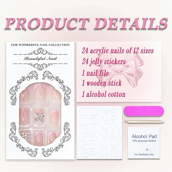 French Tip Press On Nails Short Square Pink Fake Nails False Nails with Designs Rhinestones Gold Bow Charms Flower Glossy Glue On Acrylic Nails 24 Pcs