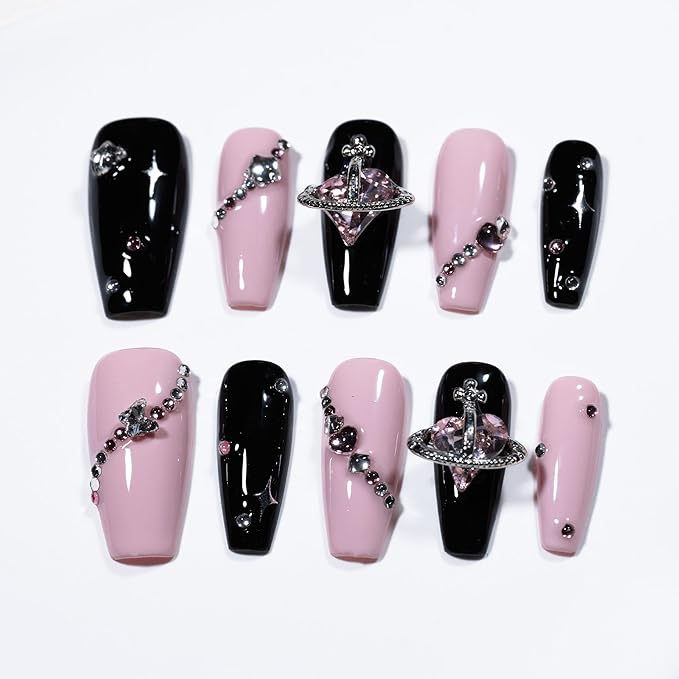 Sun&Beam Nails Handmade Press-on Medium Long Coffin Ballerina Pink Black Y2K Trendy Minimalist Design Fashion False Nail Tips 10 Pcs Set (#244 M)