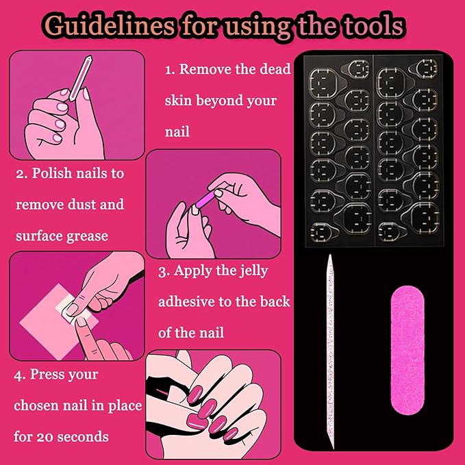 24pcs Colorful Film Long Square Press On Nails, Reusable Nail Kit with Nail Adhesive Tabs Mini Nail File, 12 Sizes (Colorful)
