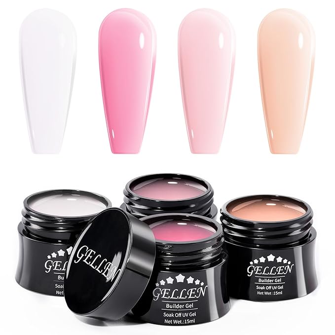 GELLEN Builder Nail Gel, 4 Colors Nail Extension Gel Set White, Hot Pink, Nude Pink, Light Orange Hard Gel Builder Nail Extension for Nail Art