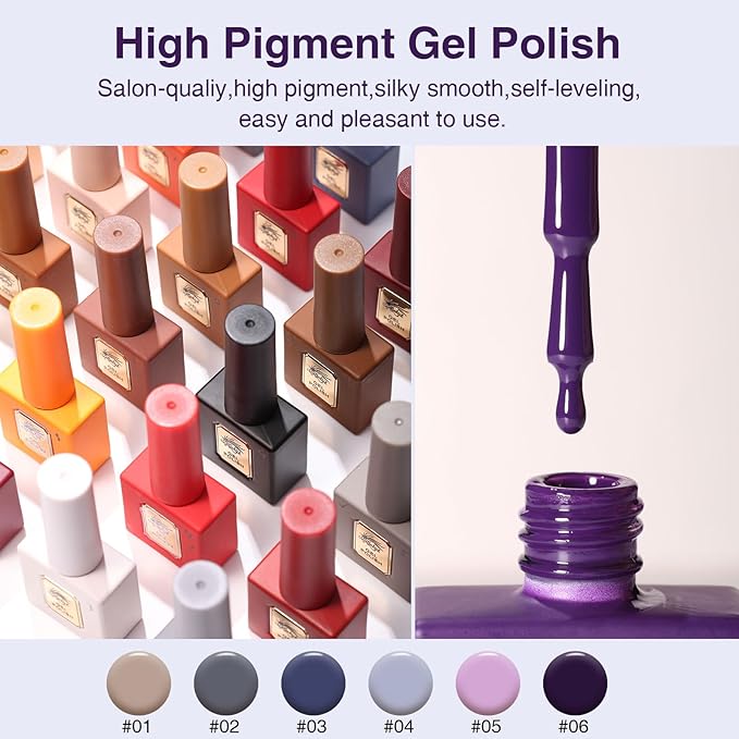 Gel Polish Set of 6 Colors 12ml with Purple Beige,Spring Gel Polish Kit for Salon DIY at Home, Soak Off LED UV Gel Nail Polish, Gifts for Women Girls