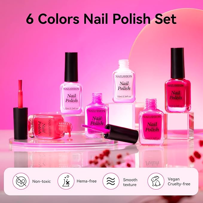 Bright Pink Nail Polish Set - 6 Colors Pastel Hot Pink Tones Neon Pink Light Pink Shades Air Dry Regular Nail Polish Pack Non Gel, Salon-Quality Manicure Nail Art Gift