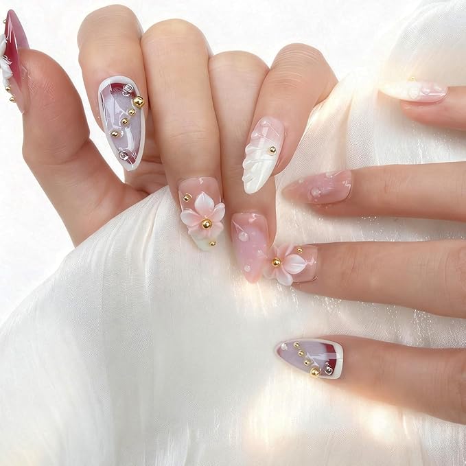 Luxury Press on Nails, Medium Almond 3D Handmade Nails, Reusable French Tip False Nails, Pink Flower Metal, Thick Acrylic ABS Nail Art (10PCS-M)