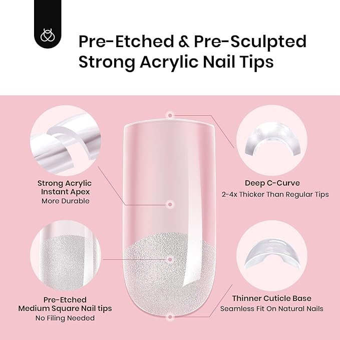 Beetles Tipex Instant Apex Nail Tips, 512Pcs Square Medium Pre-Building Pre-Etched Gel Nail Tips Thicker Acrylic Nails Strong Full Cover False Nail Extension Building 16 Sizes