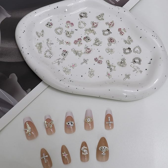 60Pcs Nail Charms Rhinestones Gems Kitty Heart Star Gun Planet Cross Jewelry for Acrylic Nails Accessories Women Nail Decorations Manicure Craft DIY Nail Art Supplies