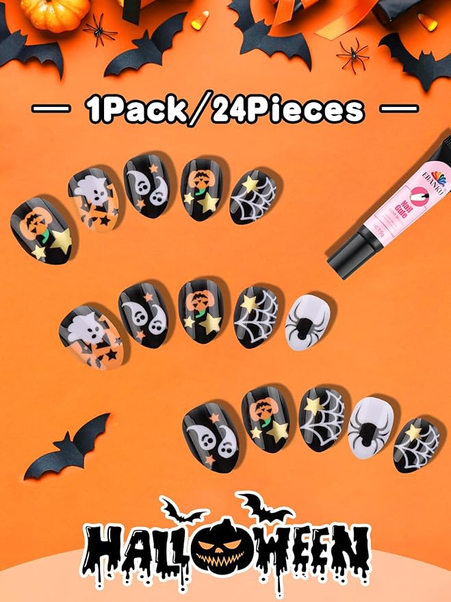 EBANKU Halloween Kid Press on Nails, 24Pcs Almond Fake Nails Kit Full Cover Pumpkin Wed Design Stick on Nail with Nail Glue for Girl