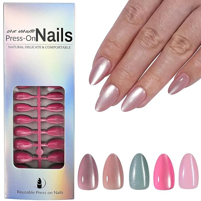 150Pcs Almond Press on Nails Short Fake Nails Cat Eye Soft Gel Acrylic Glue On Nails Full Cover Glitter False Nail Tips Kit Reusable Glossy Artificial Stick on Nails for Women Manicure 15 Size