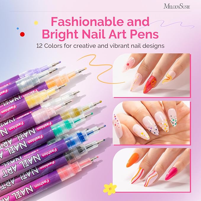 MelodySusie Nail Art Pens Set, 12 Colors 0.5MM Nail Polish Pens for Nail Art, Nail Dotting Tool, Drawing Pen for Nail Design, Manicure Nail Pens for Salon and DIY at Home