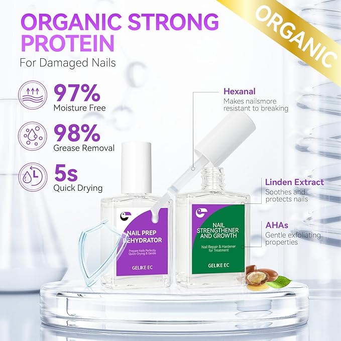 Nail Growth Treatment and Dehydrator Kit: 15ml Clear Natural Nail Hardener Extra Strong and Growth - Acid-Free Fast-Drying Formula - Professional Prep for Gel Polish & Acrylic Nails
