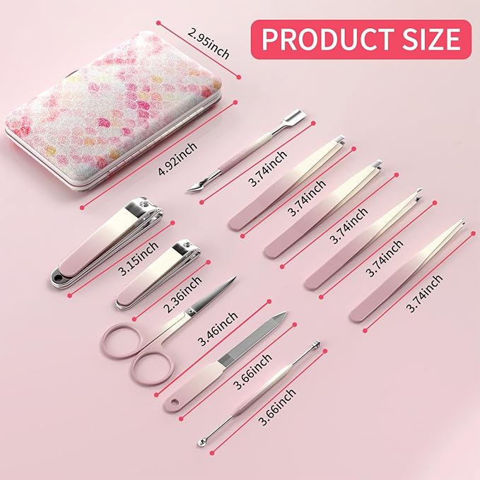 Manicure Set 10 in 1 Stainless Steel Nail Clippers Scissors Tweezers Grooming Kit with Travel Case (Pink)