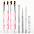 4Pcs French Tip Brush for Nails, Dual-Ended Nail Art Brushes Set with Nylon Bristles for Precision Smile Lines, Gel Polish Cleanup Brush with Resin Holder and 3pcs Nails Tools