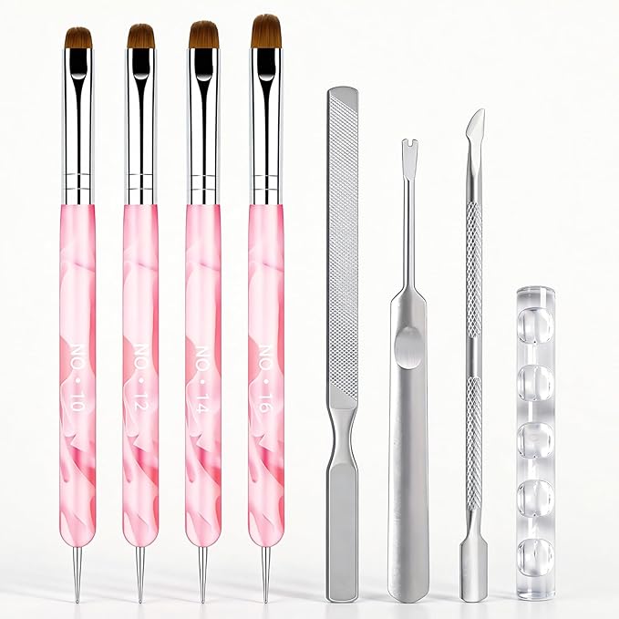 4Pcs French Tip Brush for Nails, Dual-Ended Nail Art Brushes Set with Nylon Bristles for Precision Smile Lines, Gel Polish Cleanup Brush with Resin Holder and 3pcs Nails Tools