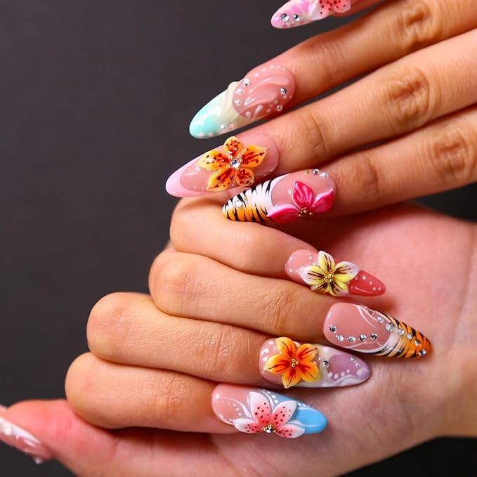 Press On Nails, 10 Pcs Handmade French Stiletto Fake Nails, Reusable Artificial Unique 3D False Nails for Women 3D Acrylic Nails Kit (Size L)