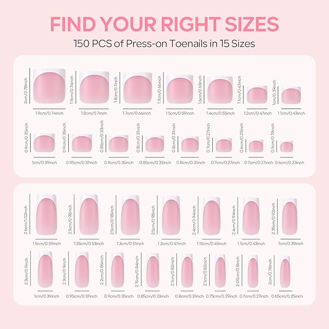 French Press On Nails and Toenails Set with 2 Nail Glue, 60Pcs White Square 15 Sizes Medium Thick Soft False Toenail Extension, Full Cover Stick on Acrylic for Women Nail Art DIY