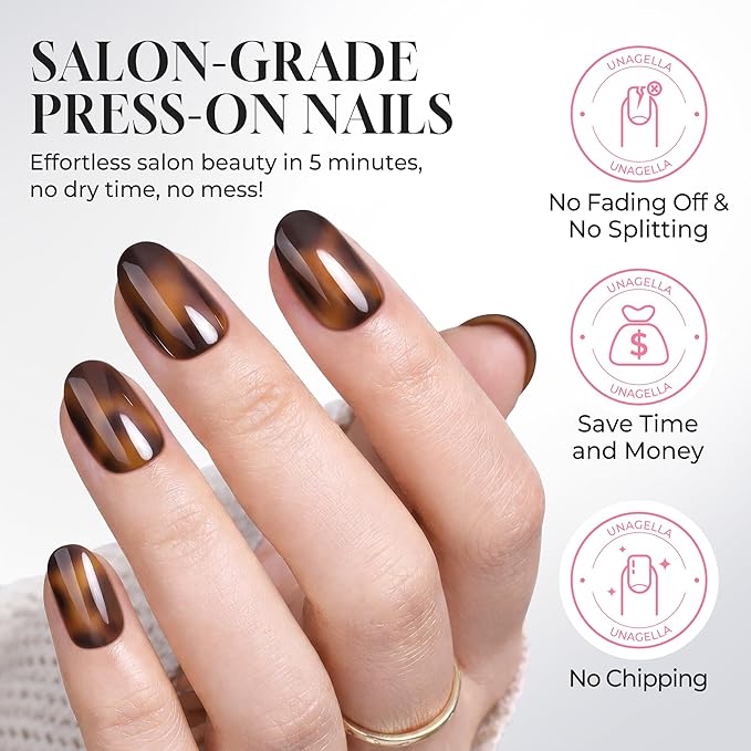 UNA GELLA 32Pcs Soft Gel Press on Nails - 16 Sizes Glossy Tortoise Shell Round Glue on Nails, Reusable Amber Pattern False Nails, Full Cover Acrylic Nail Kit for Women DIY Home Manicure