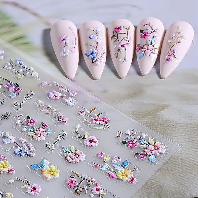 4 Sheets Easter Nail Stickers Cute Rabbit Nail Decals Spring Embossed Flower Nail Art Stickers Self-Adhesive Easter Egg Bunny Nail Design Decals for Women Holiday Nail Decorations Supplies