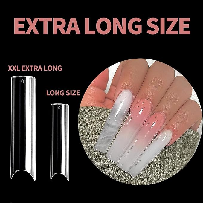UNA GELLA No C Curve Nail Tips 504 PCS Extra Long XXL Tapered Square Nail Tips Half Cover Nails tips Straight Shape For French Acrylic Nails False Fake Clear Tips Square Shape with Box