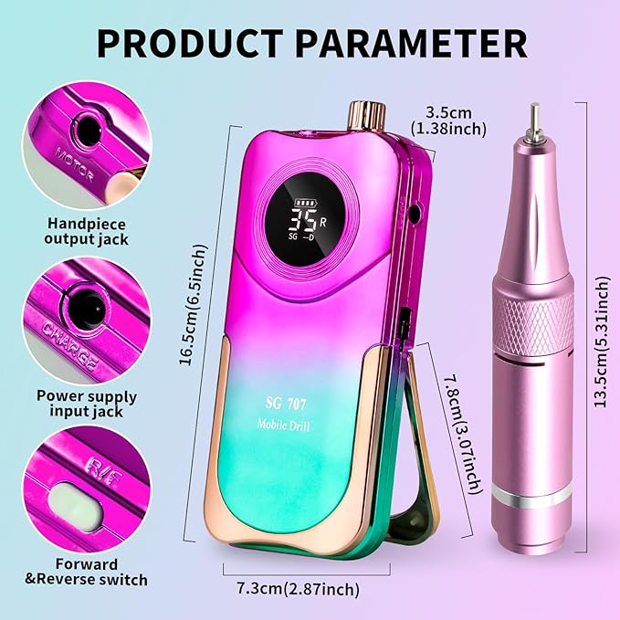 Professional Electric Nail Drill Kit 35000RPM with 14PCS Bits Purple Green Portable Rechargeable Cordless File Machine for Acrylic Gel Powder Nails and Manicure Pedicure Toenail Tool Salon Set