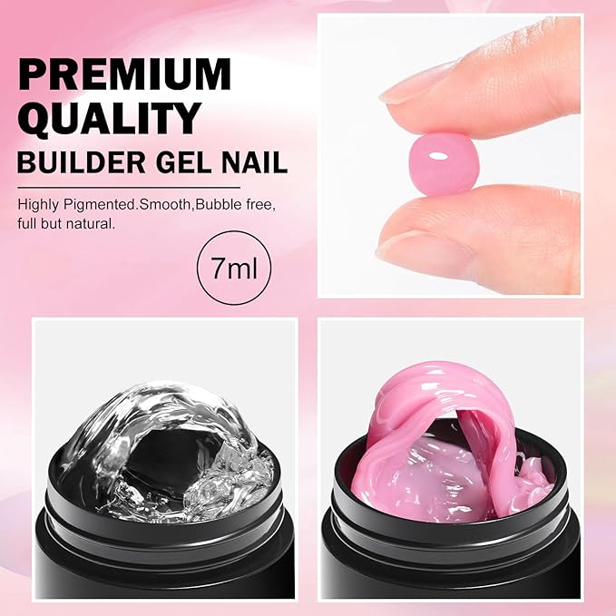 MEET ACROSS All-in-One Extension Mini Kit 2×7ml Non-Sticky Builder Gel Starter Kit WIth Base & Top Coat/Dual-Silicone Pen/Pro File/20-Pc Reusable Dual Forms Salon-Grade Extensions (Clear+Pink)