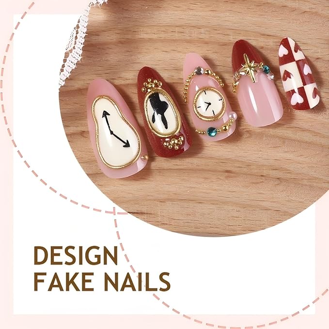 Medium Press on Nails Almond False Nail with Winter Gold Hearts Diamods Designs Fake Nails Press Ons Gift for Women 24pcs