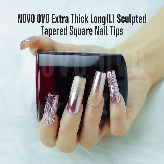 NOVO OVO Long Square Nail Tips SCULPTED (Not NATURAL) for Curved Nail Beds, Extra Thick L Length False Nails Press on, Full Cover Soft Gel Fake Nail Extension, Salon DIY x 15 Sizes 450 pcs