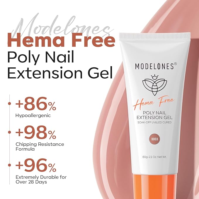 modelones Poly Nail Gel, Hema-Free 60ML Natural Nude Poly Extension Gel Nail Enhancement Thickening All Seasons Neutral Skin Tones Builder Overlays Home DIY Salon