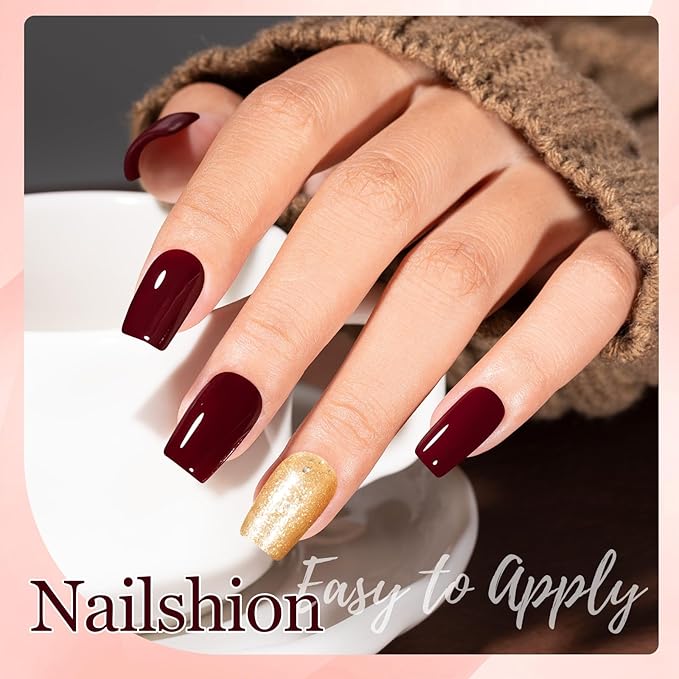 Wine Red Sparkle Champagne Nail Polish Duo, Fast Air Dry Burgundy Nail Polish, Opaque Dark Red, Non-Gel, Crème, Toxic-free Long Lasting Glossy Nails Art for Home DIY Manicure