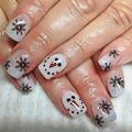 24pcs Christmas Press on Nails Short Square Black Snowflake Designs Cute Snowman False Nails With Glitter Winter Xmas Artificial Nail Decoration for Women Girl