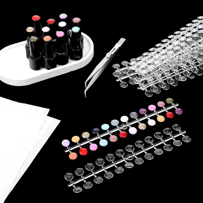 240 pcs Clear Nail Polish Swatch Dots Round False Nail Display Tips Transparent Nails Art Color Display Chart Color Sample Chart Card Sticks Colorful Polish DIY Training Practicing Displaying