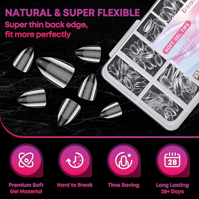 Almond Soft Gel Nail Tips, 240Pcs Pre Etched Clear Fake Nails Short Almond Shape, 12 Sizes Half Matte Full Cover Acrylic Press on Flase Tip Nail for Extension Nail Manicure Home DIY with Box