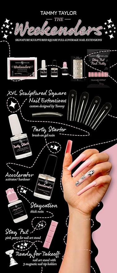 Tammy Taylor Acrylic Medium Long Coffin Nail Tip Extensions | Tapered Square Clear Full Coverage, Natural Lightweight, Long Lasting, Professional C Curve Acrylic Nail Tips | Weekenders All-in-One Kit