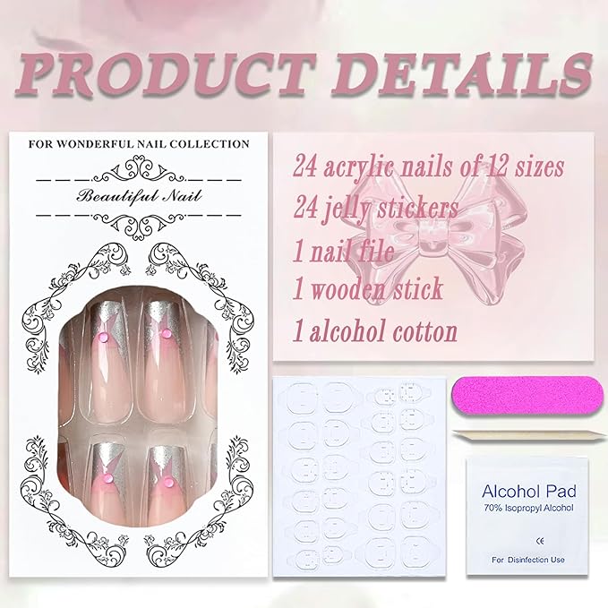 Y2K Press On Sliver French Tip Pink Full Cover Star False Nails with Designs Pearl Glitter Glossy Glue On Acrylic Manicure Artificial Nails for Women Girls