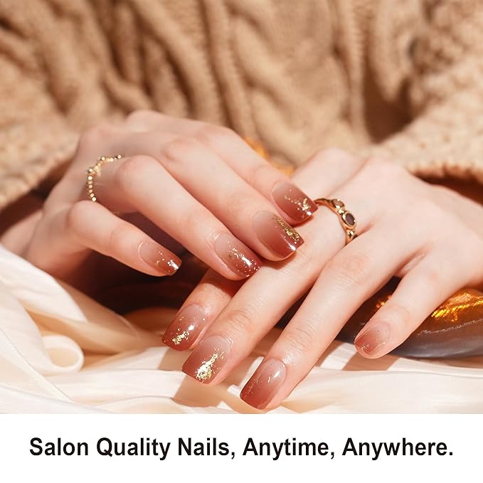 DANNI & TONI Semi Cured Gel Nail Strips Reddish Brown Gradient Gold Foil Gel Nail Wraps 28 Stickers | Golden Ember