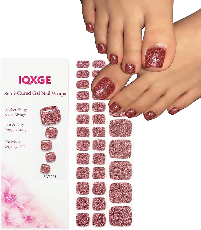 34 Pcs Semi Cured Gel Toe Nail Strips Coral Orange Glitter Gel Nail Stickers Full Cover Glitter Nails Wraps Self Adhesive Toe Nails Polish Strips Stickers for Women UV/LED Light Required