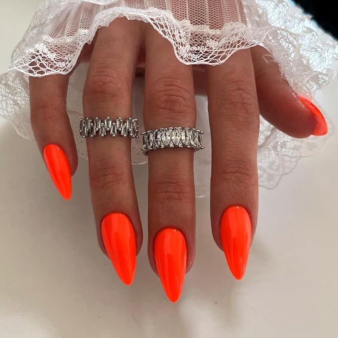 Orange Press on Nails Almond Shaped 48Pcs Neutral Thick Fake Nails for Women, Medium Almond Nails Press on Reusable Acrylic Nails Glue on Medium Length Stiletto False Nails Gel Artificial Nails