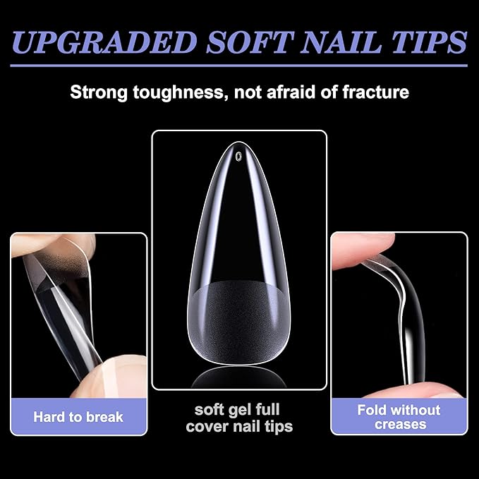Medium Stiletto Nail Tips, 552Pcs Soft Gel Full Cover Nail Tips for Soak off Nail Extensions, Acrylic Gel Kit False Press on for Salons and DIY Art at Home, 12 Sizes