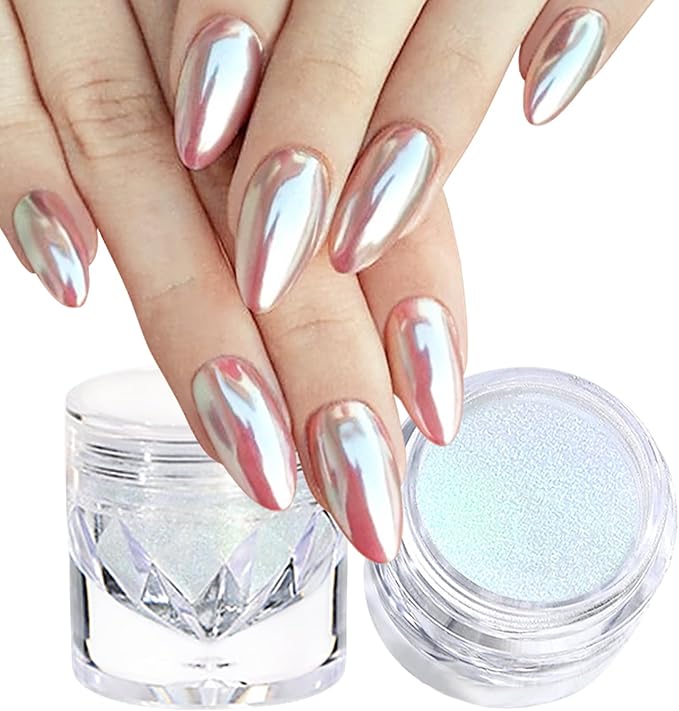 2Pcs White Chrome Nail Powder Clear Blue Glass Effect Super Glossy Glazed Donut Chrome Powder for Nails Art, Pearl Nail Glitter Pigment Dust for Gel Nails Polish Design with Tools