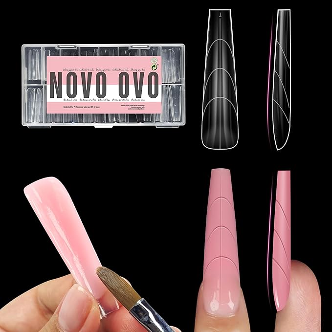 NOVO OVO Tapered Square (Natural not Sculpted) Nail Dual Forms for Poly Gel Extension with Guiding Line Inside, XL XXL Reusable Full Cover Acrylic Builder Hard Gel Polygel Molds x 15 sizes 150 Pcs
