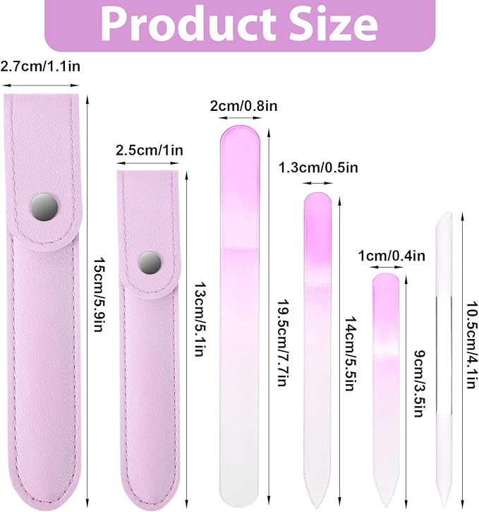 4 Pcs Glass Nail File Set, Glass Nail File & Cuticle Pusher, Glasss Nails Files with Leather Storage Bag, Nails Files Kit for Manicure Pedicure Toenail Buffer Cuticle Trimmer (Pink)