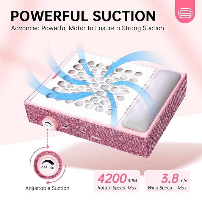 Nail Dust Collector, Cordless Dust Collector Nail Tech, Professional 550PA Vacuum Fan Vent Dust Extractor Quiet Dust Suction Machine for Acrylic Nails Polishing, Nail Salon&Home
