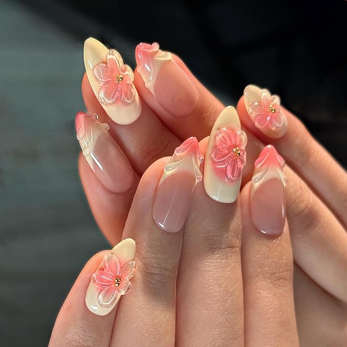 Ligth Yellow Press on Nails Medium Almond Handmade Nails with Glue,Handmade False Nails French Tip Nail Press ons 5D Flower Art Design Muti-Layer Gel Nail Luxury False Nails for Women (Size M)