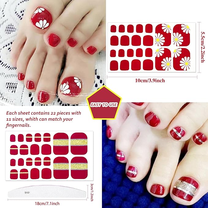 JERCLITY 440 Pieces 20 Sheets Red Solid Color Toenail Full Wraps Toe Nail Polish Strips Self-Adhesive Full Nail Stickers Red Nail Art Decals Strips with Nail File for Women Girls Kids Nail Art