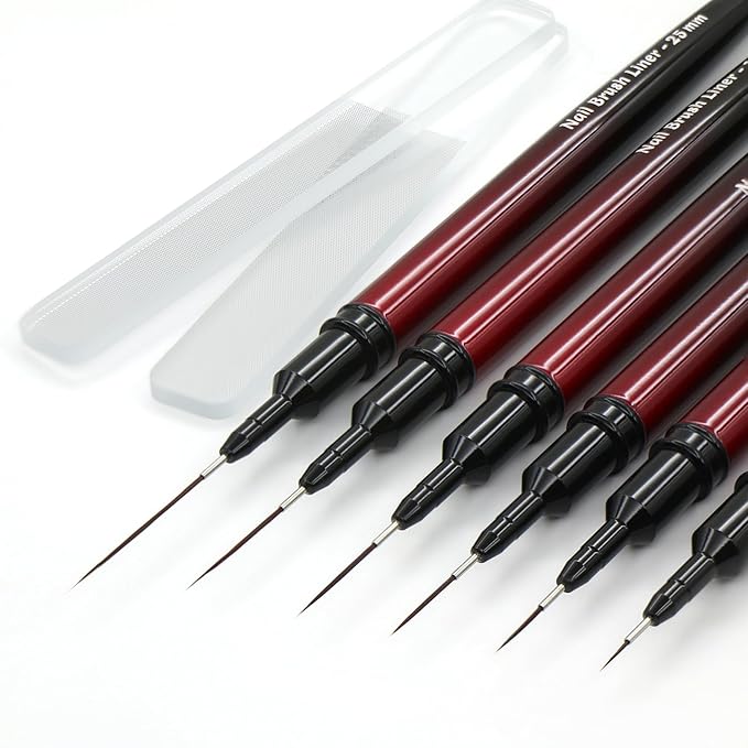 MYR 6Pcs Metal Nail Art Brushes and 2Pcs Nano Nail Files, including 6/9/12/15/18/25mm Nail Art Liner Brushes suitable for Creating Lines, Ripples, Grid Patterns, and Intricate Designs on the Nail Tips