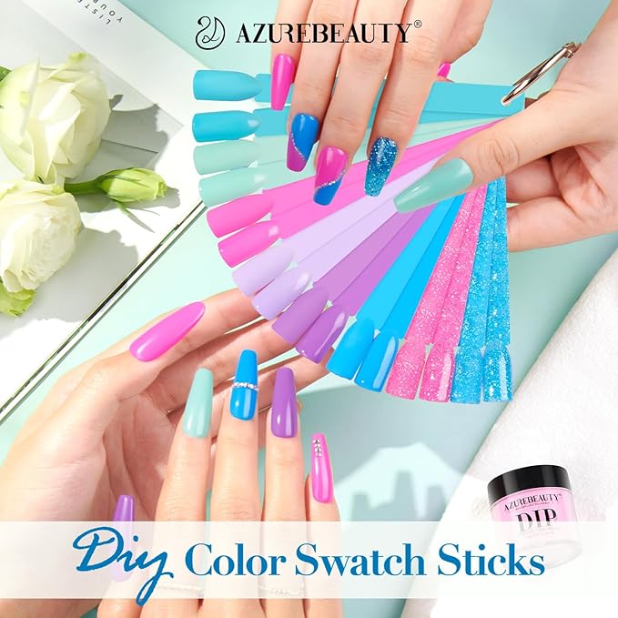 AZUREBEAUTY Dip Nail Powder Starter Kit with Matte Coat, 8 Colors Hot Pink Blue Purple Glitter Spring Dipping Powder Liquid Set with Base/Top Coat Activator 10 Nail Sticks for French Manicure